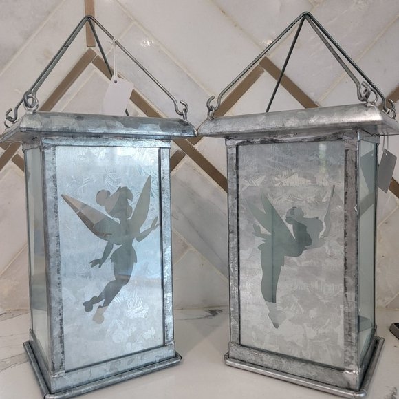 Disney Tinkerbell NWT Galvanized Metal Silhouette Candle Lanterns 9" set of 2. - Picture 2 of 10